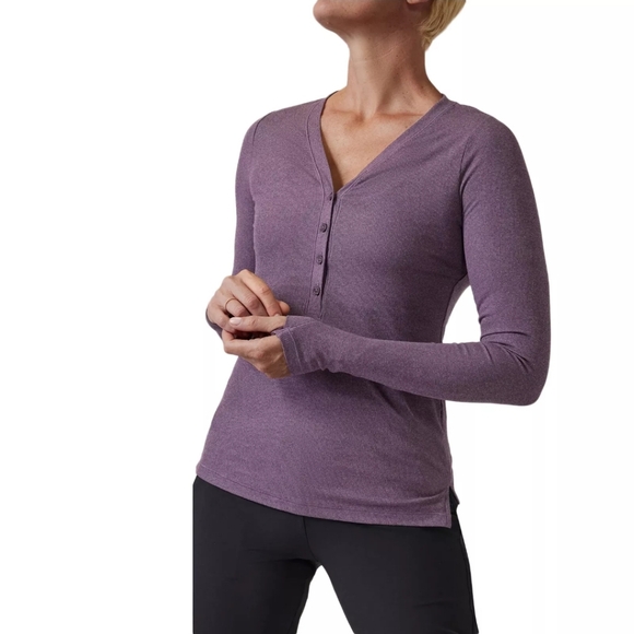 ATHLETA Uptempo Ribbed Vneck Stretchy Long Sleeve Purple Henley Top Extra Small - Picture 1 of 9